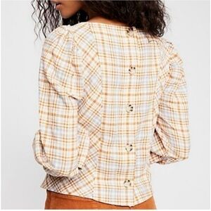 Free People Top Button Back Puff Sleeve Plaid Tan Blue S
